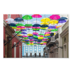 Umbrellas Above San Juan Streets and Mansion Photo Print
