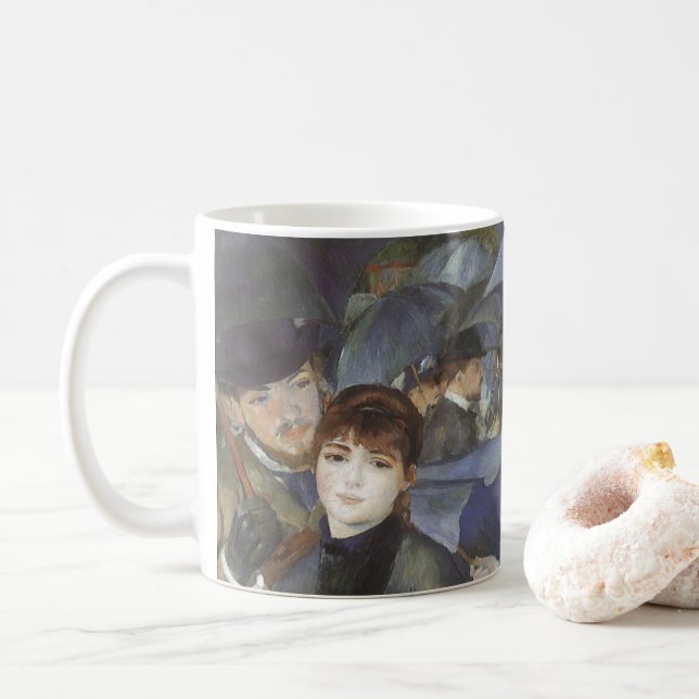 Umbrellas by Pierre Renoir, Vintage Impressionism Coffee Mug (With Donut)
