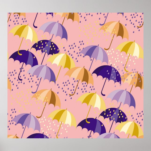 Umbrellas, drops, colourful seamless motif. poster (Front)