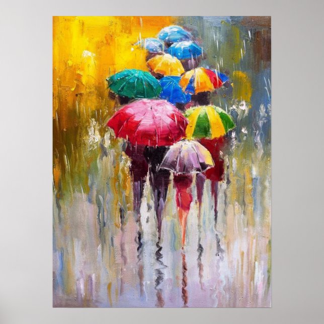  Umbrellas In The Rain Painting Art Print Poster  (Front)
