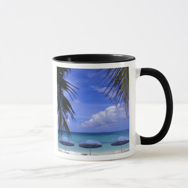 umbrellas on beach, St. Maarten, Caribbean Mug (Right)