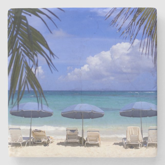 umbrellas on beach, St. Maarten, Caribbean Stone Coaster (Front)