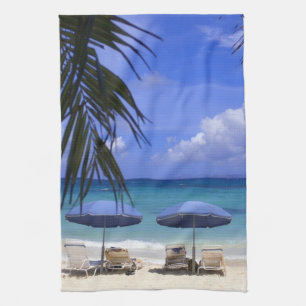umbrellas on beach, St. Maarten, Caribbean Tea Towel