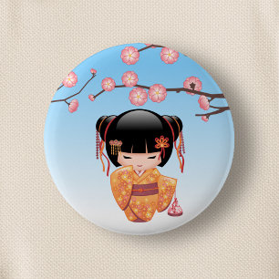 Ume Kokeshi Doll - Japanese Geisha Girl Blue 6 Cm Round Badge