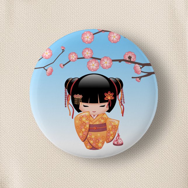Ume Kokeshi Doll - Japanese Geisha Girl Blue 6 Cm Round Badge (Creator Uploaded)