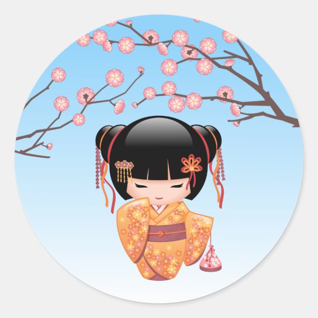 Ume Kokeshi Doll - Japanese Geisha Girl Blue Classic Round Sticker (Front)