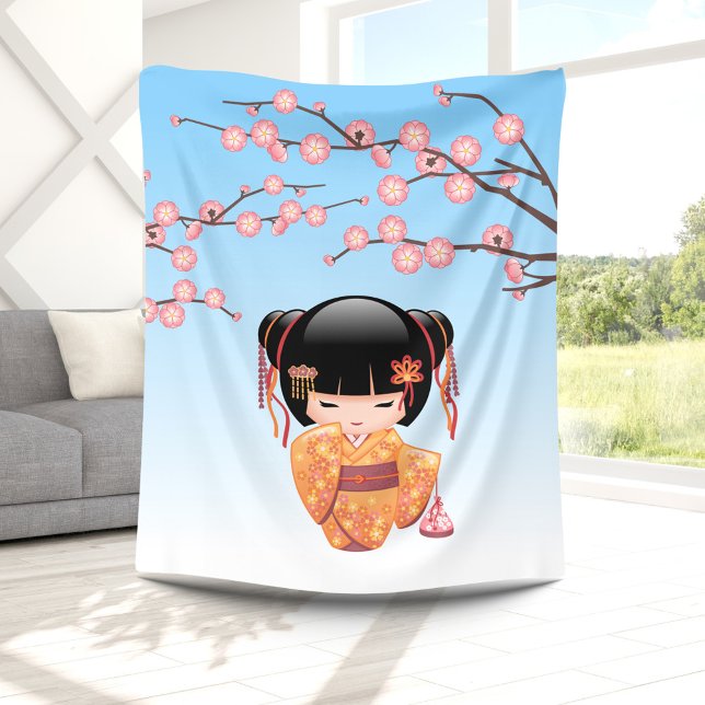 Ume Kokeshi Doll - Japanese Geisha Girl Blue Fleece Blanket (Creator Uploaded)