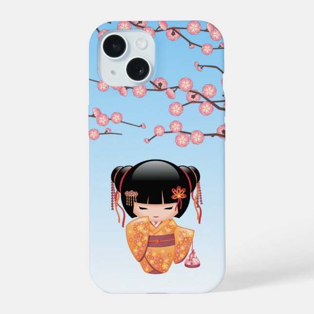 Ume Kokeshi Doll - Japanese Geisha Girl Blue iPhone 15 Case (Back)