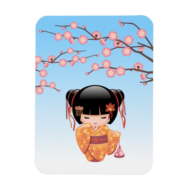 Ume Kokeshi Doll - Japanese Geisha Girl Blue Magnet (Vertical)