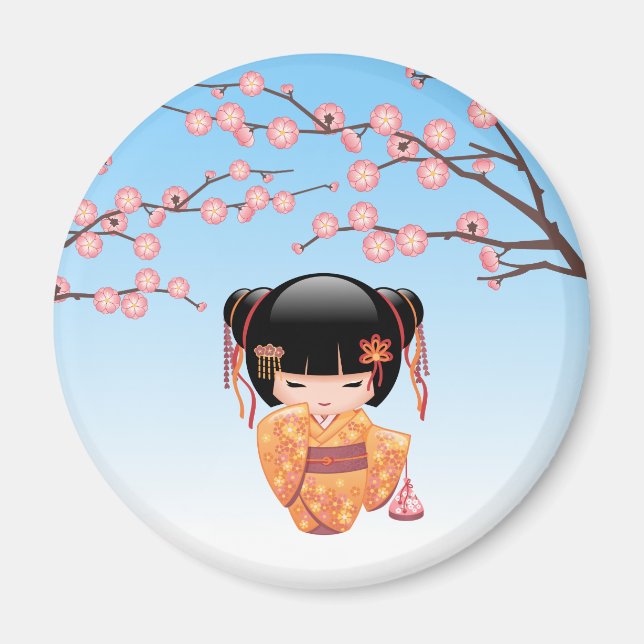 Ume Kokeshi Doll - Japanese Geisha Girl Blue Magnet (Front)