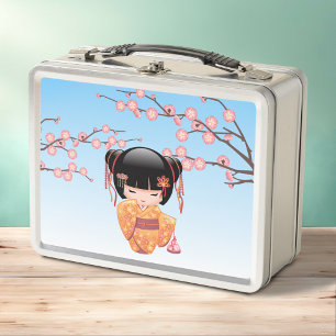 Ume Kokeshi Doll - Japanese Geisha Girl Blue Metal Lunch Box