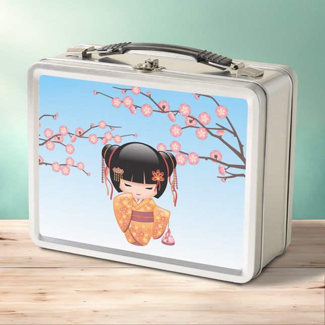 Ume Kokeshi Doll - Japanese Geisha Girl Blue Metal Lunch Box (Creator Uploaded)