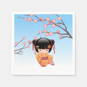 Ume Kokeshi Doll - Japanese Geisha Girl Blue Napkin