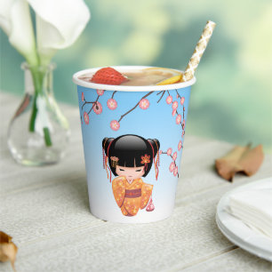 Ume Kokeshi Doll - Japanese Geisha Girl Blue Paper Cups