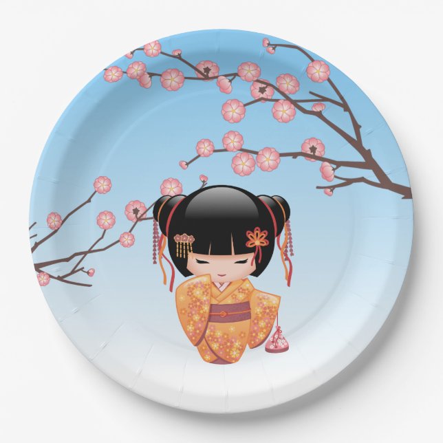 Ume Kokeshi Doll - Japanese Geisha Girl Blue Paper Plate (Front)