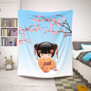 Ume Kokeshi Doll - Japanese Geisha Girl Blue Sherpa Blanket