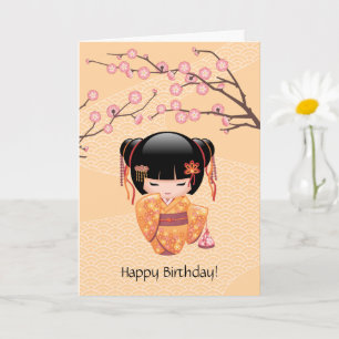 Ume Kokeshi Doll - Japanese Peach Geisha Birthday Card