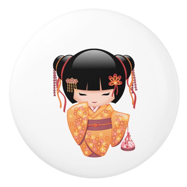 Ume Kokeshi Doll - Japanese Peach Geisha Girl Ceramic Knob (Front)