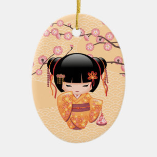 Ume Kokeshi Doll - Japanese Peach Geisha Girl Ceramic Ornament