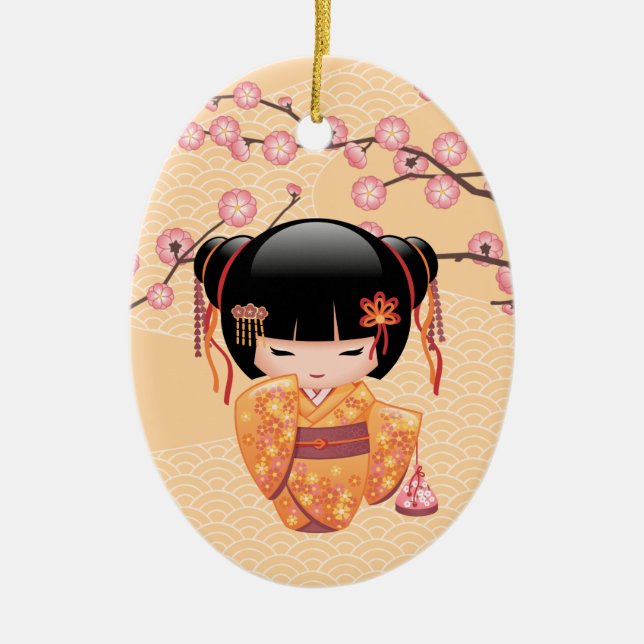 Ume Kokeshi Doll - Japanese Peach Geisha Girl Ceramic Ornament (Front)