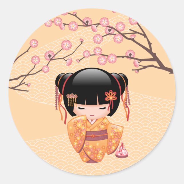 Ume Kokeshi Doll - Japanese Peach Geisha Girl Classic Round Sticker (Front)
