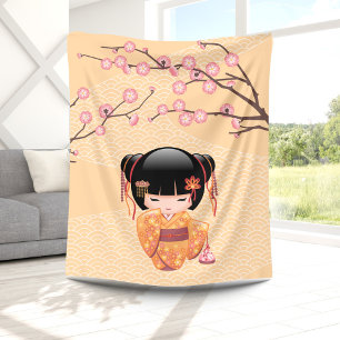 Ume Kokeshi Doll - Japanese Peach Geisha Girl Fleece Blanket