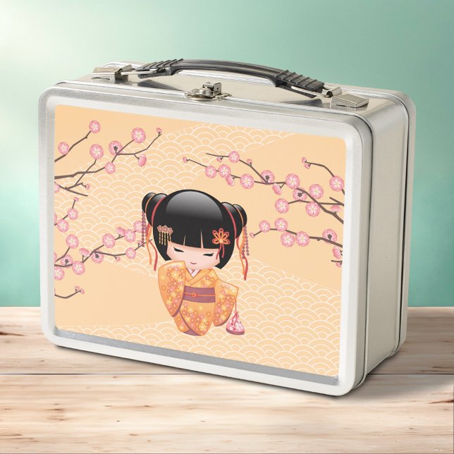 Ume Kokeshi Doll - Japanese Peach Geisha Girl Metal Lunch Box (Creator Uploaded)