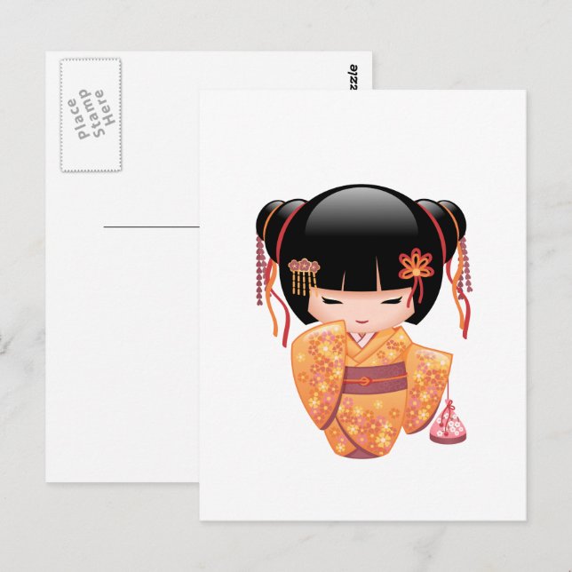 Ume Kokeshi Doll - Japanese Peach Geisha Girl Postcard (Front/Back)