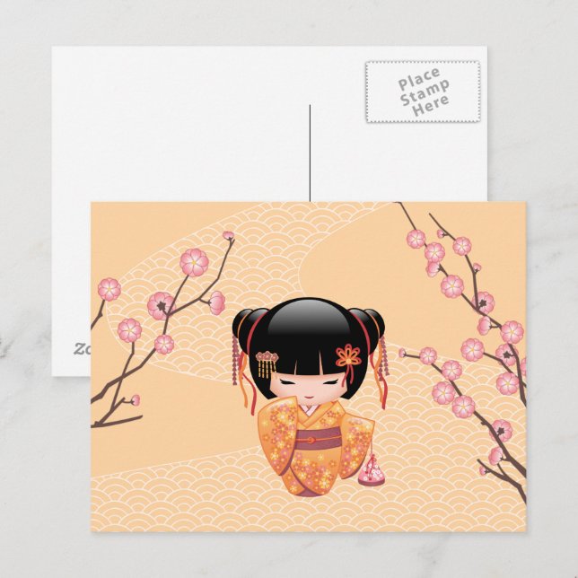 Ume Kokeshi Doll - Japanese Peach Geisha Girl Postcard (Front/Back)