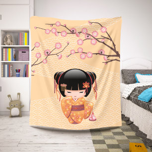 Ume Kokeshi Doll - Japanese Peach Geisha Girl Sherpa Blanket