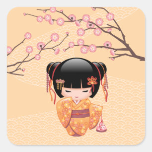 Ume Kokeshi Doll - Japanese Peach Geisha Girl Square Sticker