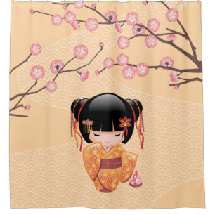 Ume Kokeshi Doll Japanese Peach Geisha Girl Yellow Shower Curtain