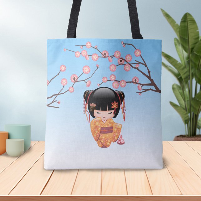 Ume Kokeshi Doll - Japanese Plum Geisha Girl Blue Tote Bag (Creator Uploaded)