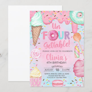 Un-four-gettable sweets girl 4th birthday invite. invitation
