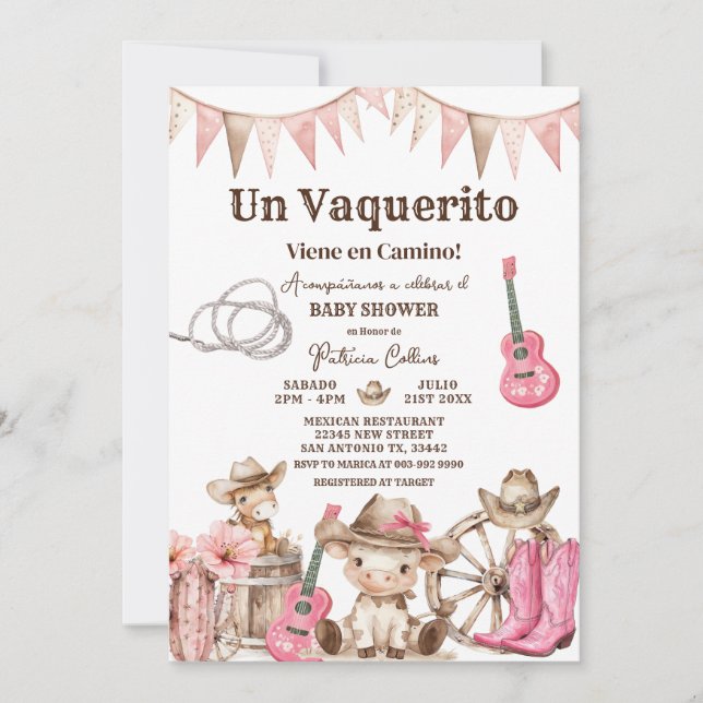 Un Vaquerito Viene en Camino Girl Baby Shower Invitation (Front)
