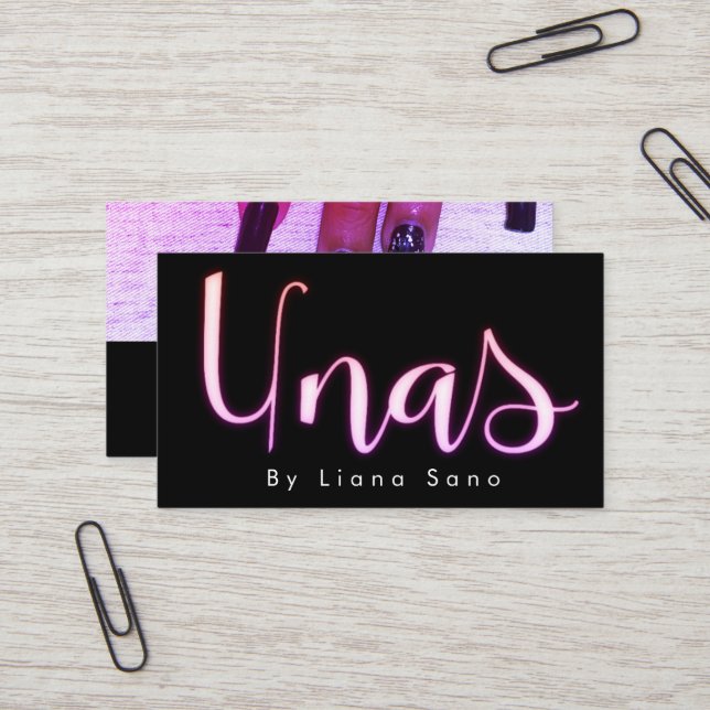 Unas Glow Script Salon Pink Nail Artist  Business Card (Front/Back In Situ)