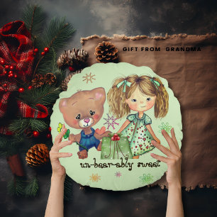 Unbearably Sweet Girl and Teddy Bear Round Cushion