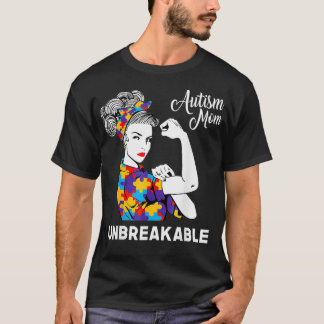 Unbreakable Autism Mum Messy Bun Autism Awareness T-Shirt