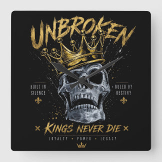 Unbroken Skull King Crown Edgy Motivational Art Square Wall Clock