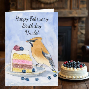 Uncle Happy February Birthday Cedar Waxwing Cake Card