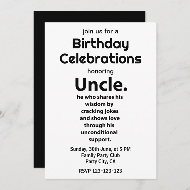 Uncle Inspirational Funny Quote Birthday Uncle Invitation (Front/Back)