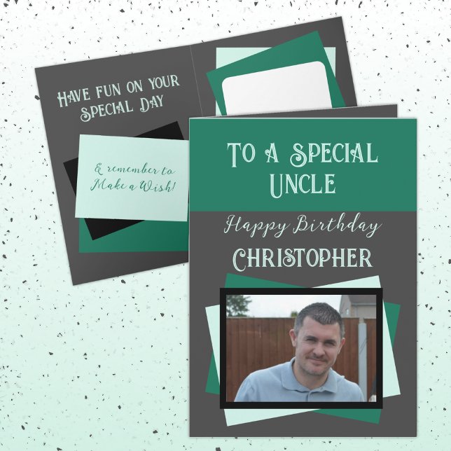 Uncle photo name grey green birthday card (Creator Uploaded)