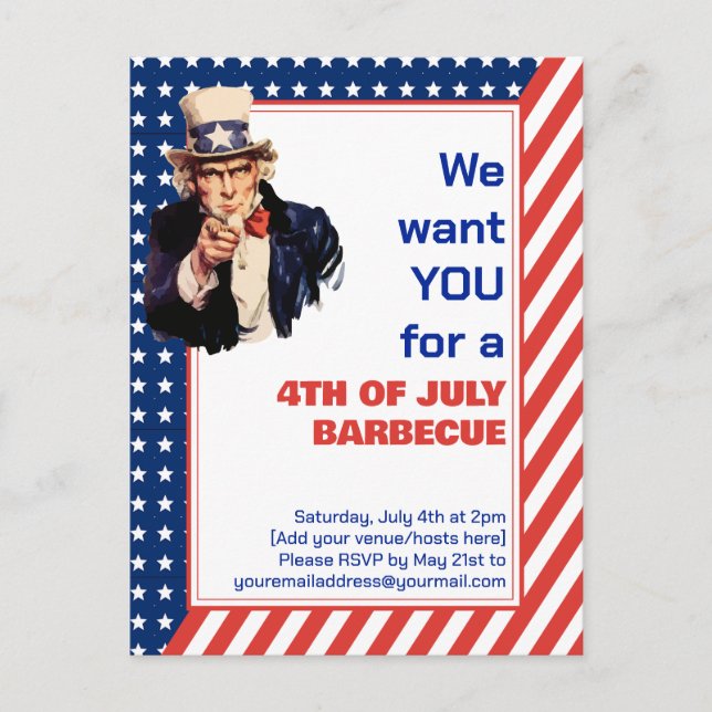 Uncle Sam 4TH OF JULY BBQ BARBECUE Invitation Postcard (Front)