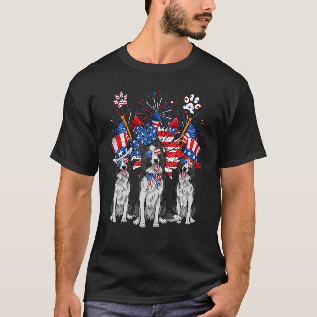 Uncle Sam Border Collie Dogs USA Flag Indepedence  T-Shirt (Front)