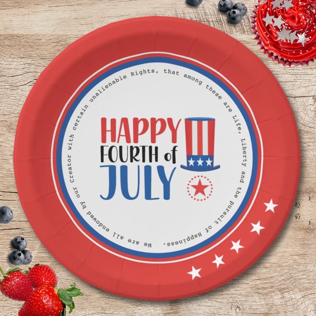Uncle Sam Happy July 4 Red White Blue Simple Party Paper Plate (Creator Uploaded)