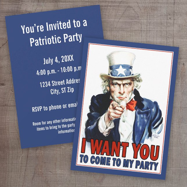 Uncle Sam - I WANT YOU - Party Invitation (Patriotic Party Invitation)