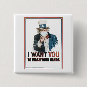 Uncle Sam "I Want You" to Wash Your Hands! 15 Cm Square Badge