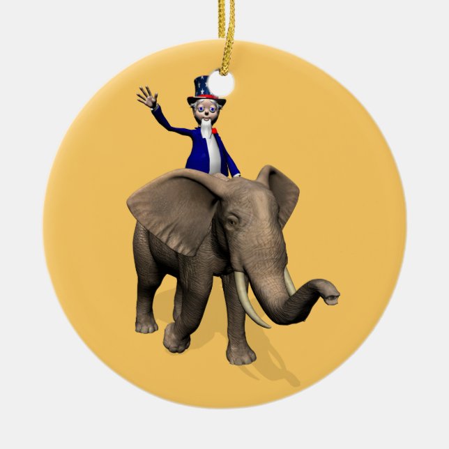 Uncle Sam Riding On Elephant Ceramic Tree Decoration (Front)