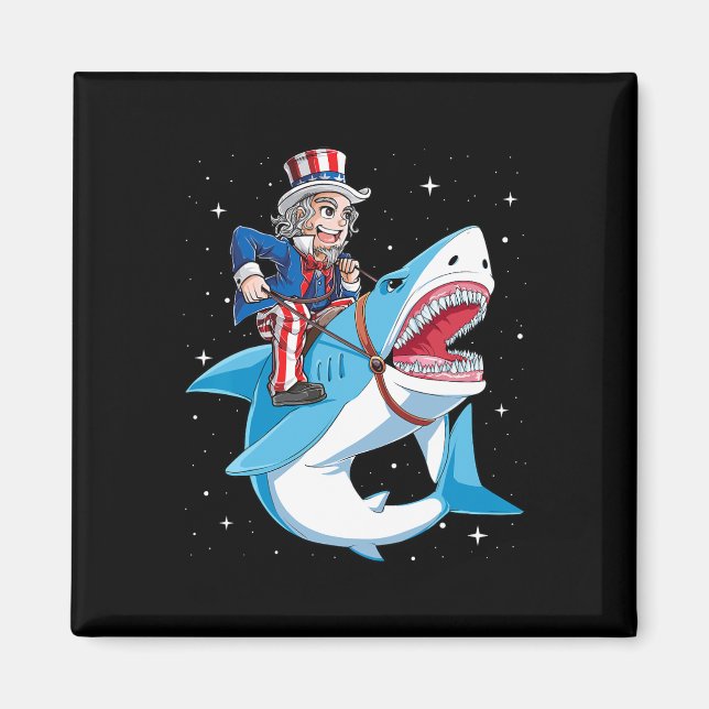 Uncle Sam Riding Shark T Shirt 4th Of July Kids Bo Magnet (Front)
