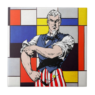 Uncle Sam Rolling Up with Piet Mondrian Twist Ceramic Tile